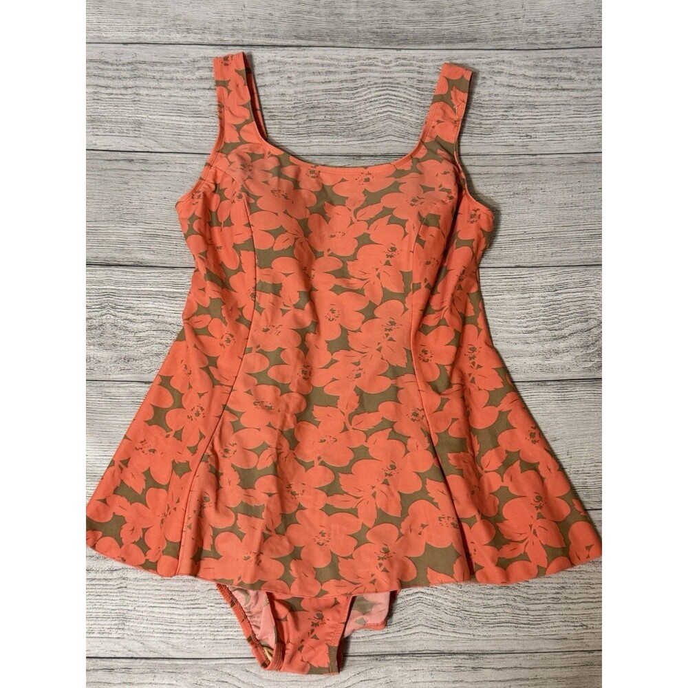 Shore Shapes Women's Floral Swimdress One Piece Swimsuit Sz 14 pink /Brown -175-
